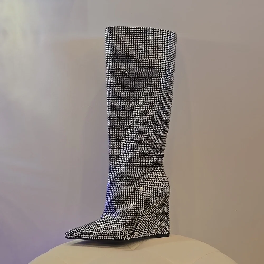 Gianna Bini Wedge Heel Rhinestone Knee High Silver BOOTS Disco Ball Cinderella - Picture 6 of 7